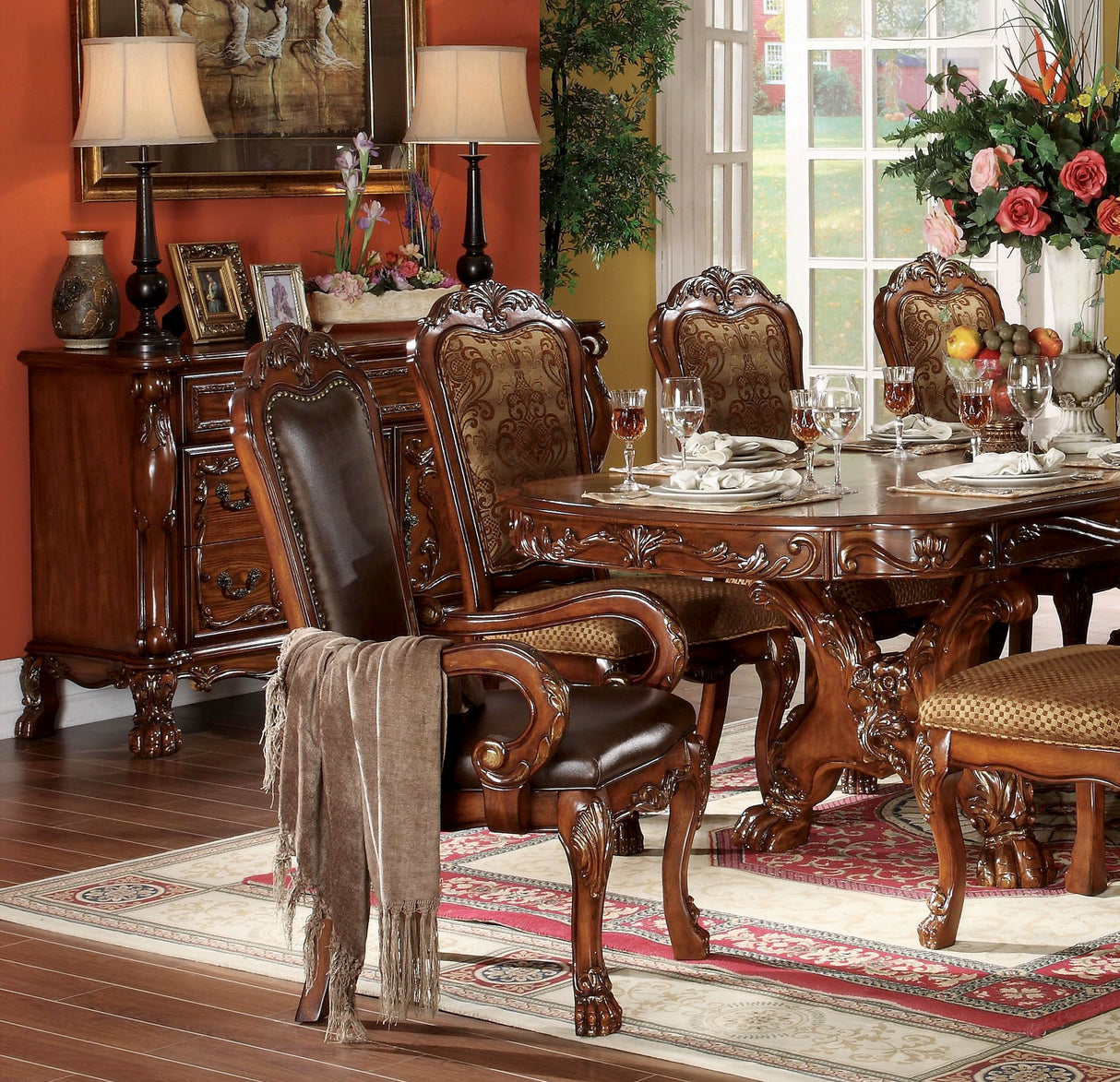 Traditional Kitchen Furniture Set 9pc Formal Dining Table Set Include 1 Extendable Pedestal Table and 8 Upholstered Chairs, 8-Person Solid Wood Extendable Dining Set (Cherry A) Generic