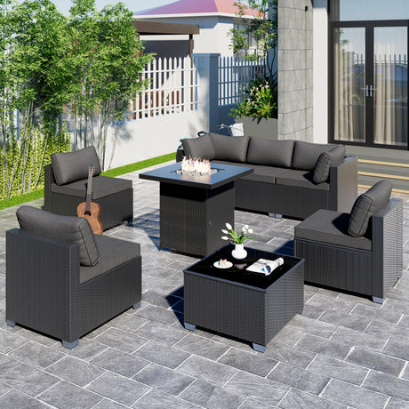 8-Piece Outdoor Patio Sectional Sofa Set with Fire Pit Table – PE Wicker Rattan Modular Conversation Furniture, Cushions & Clips Included – Patio Couch for Porch, Backyard, Poolside, Garden ELEGIBLISS