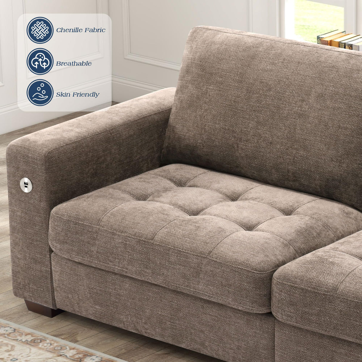 WorthFurni 89 Inch Sofa Couch, Modern 3 Seater Couch with Removable Covers and USB Ports, Large Chenille Comfy Sofa for Living Room, Oversized Loveseat Sofa for Apartment(Brown) WorthFurni