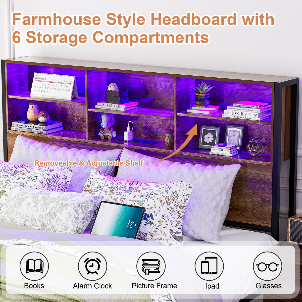 Farmhouse Full Size Bed Frame with Bookcase Headboard, Sliding Barn Door Storage, LED Lights, and Charging Station Alohappy