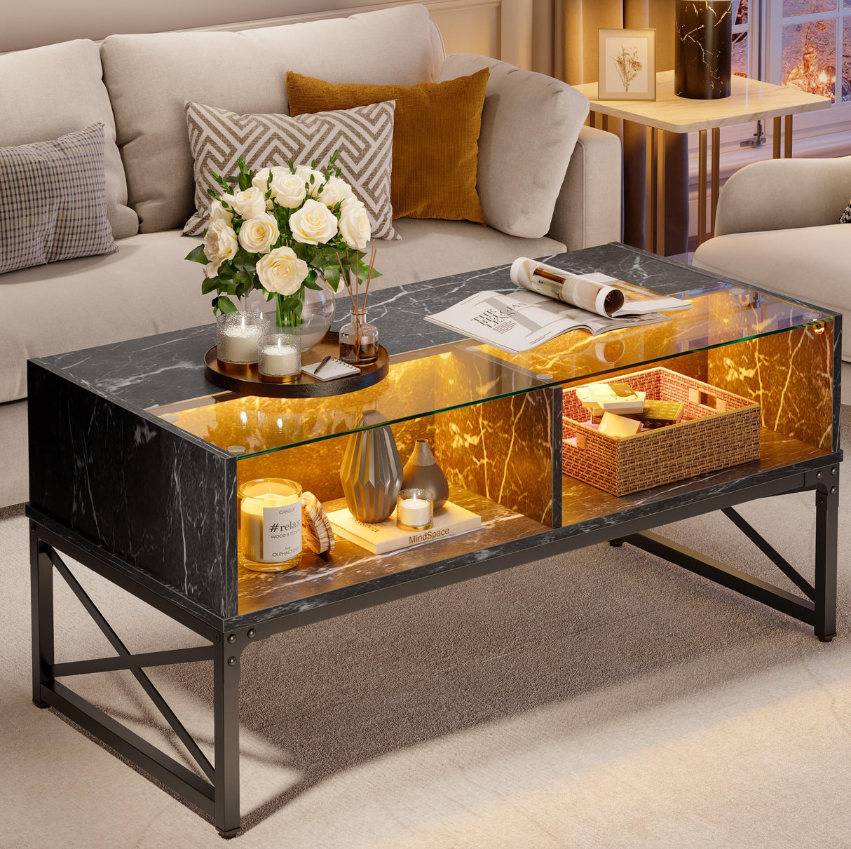Bestier LED Coffee Tables for Living Room, 42 Inch Wood Center Table with Glass Top for Game Night. Rustic Brown Bestier