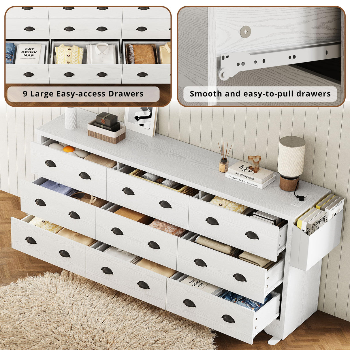 LIKIMIO Dresser 9 Drawer 63" W Long Wood Storage Chest of Drawers for Bedroom Living Room, Large Storage with Charging Station and Storage Bag, White LIKIMIO