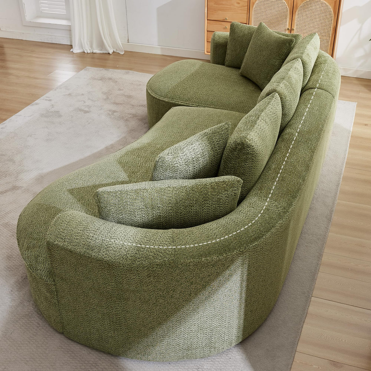 Opiesit 124" Oversized Boneless Couches for Living Room, Sectional Curved Sofa with 7 Pillows, L-Shape Boneless Couch with Deep Seat, High-Density Memory Foam, No Assembly Required, Chenille (Green) Opiesit