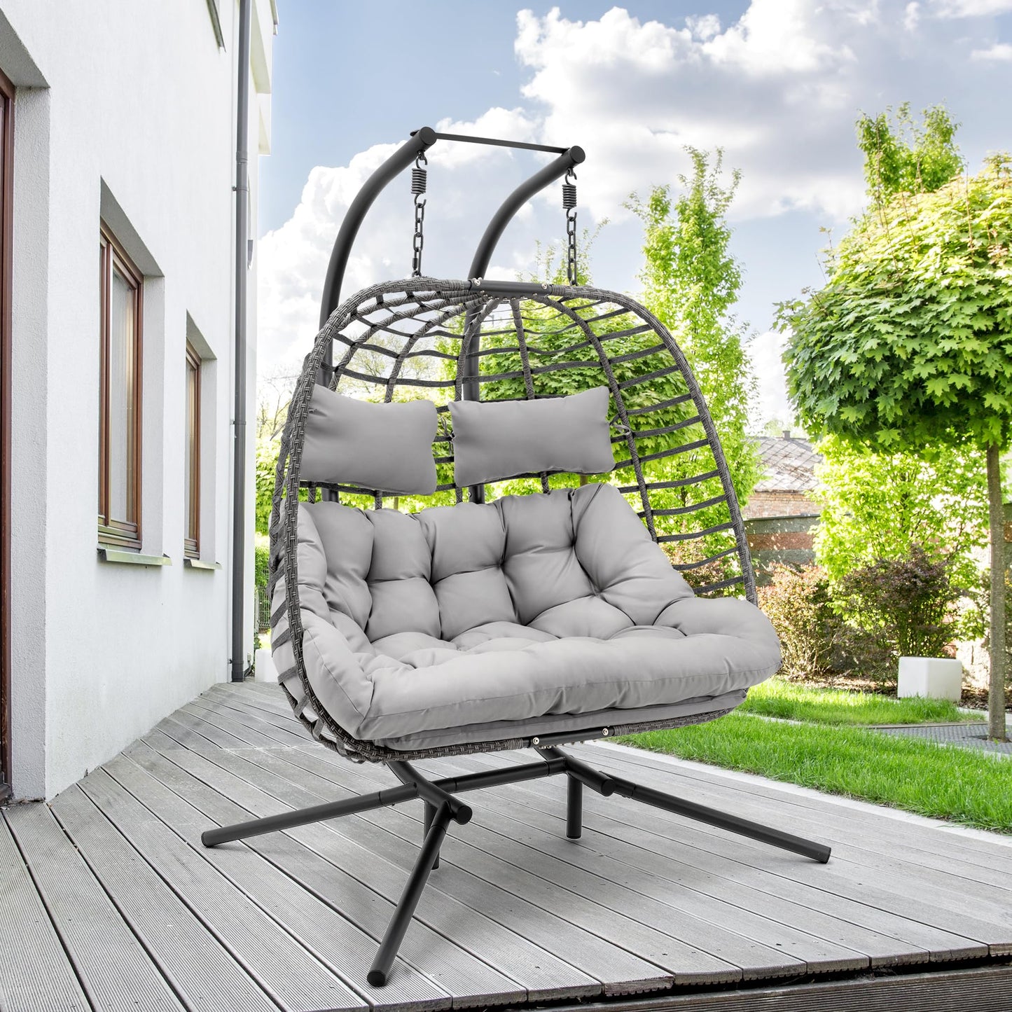 Brafab Double Swing Egg Chair with Stand, Large Hand-Woven Wicker Rattan Hanging Egg Chair for 2 People, Porch Hammock Swing Loveseat with Thick Cushion and Sturdy Steel Stand for Indoor Outdoor