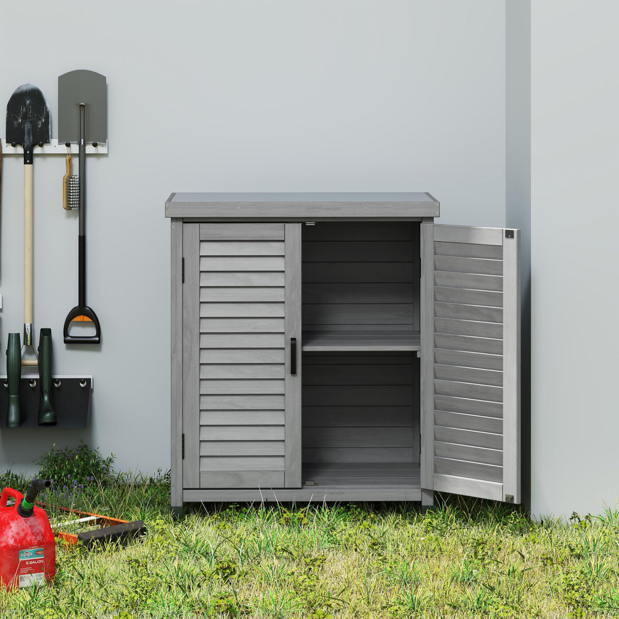 KEIKI Outdoor Potting Bench with Storage Cabinet & Metal Table Top, Weatherproof Garden Workstation, Hemlock Wood KEIKI