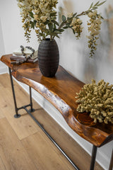 Southern Rustic LOGWERKS Industrial Pipe Sofa Table - Live Edge Console Table for Entryway or Behind Sofa – (Honey Pine) Southern Rustic LOGWERKS