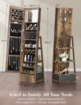 Nicetree 360° Swivel Jewelry Cabinet with Lights, Touch Screen Vanity Mirror, Rotatable Full Length Mirror with Jewelry Storage, Standing Jewelry Armoire Organizer, Christmas Gifts, Rustic Brown Nicetree