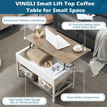 VINGLI 36" Lift Top Coffee Table with Free Cloth Storage Bins, White Walnut Framhouse Coffee Table for Living Room, Small Modern Coffee Table for Small Space in Minimalistic Style, Dark Walnut