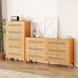 DWVO Natural Rattan 6 Drawer Dressers - Oak Wooden Dresser Chest of Drawers with Golden Handles - Modern Large Closet Boho Dressers Storage Cabinet for Living Room/Hallway/Entryway DWVO