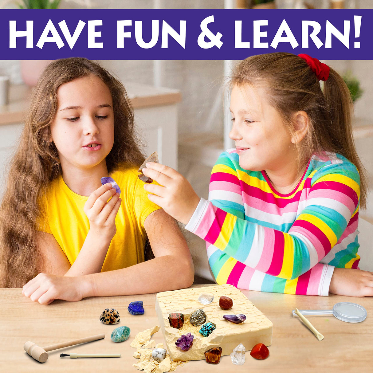 DANCING BEAR Gem stone Dig Kit, Excavate 16 Real Gems & Crystals including Arrowheads, Quartz Point and Amethyst, STEM Education for Kids, Fun Rock Mining Science Activity Gift Sets for Girls and Boys DANCING BEAR