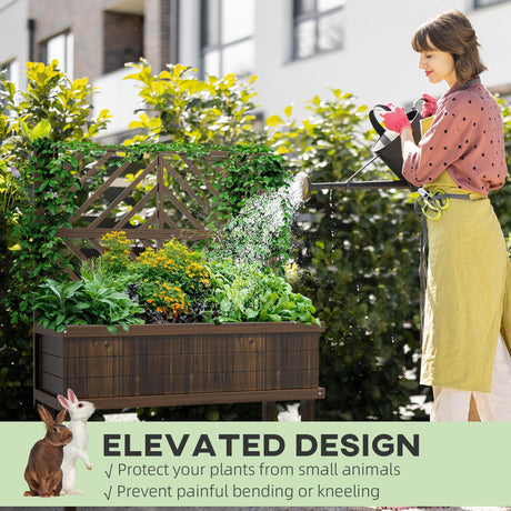 Outsunny Raised Garden Bed with Trellis for Climbing Plants, Vegetable, Grape Vines, Wood Planter with Legs, Drainage Holes and Filter for Outdoor Garden, Patio, Carbonized Outsunny
