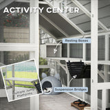 PawHut Large Catio Outdoor Cat Enclosure for Multiple Kittens, Wooden Cat House with Waterproof Cover, Walk in Kitty Cage Kennel with 2 Condos, 6 Platforms, Bridge, Doors, 110" x 73" x 74", White PawHut