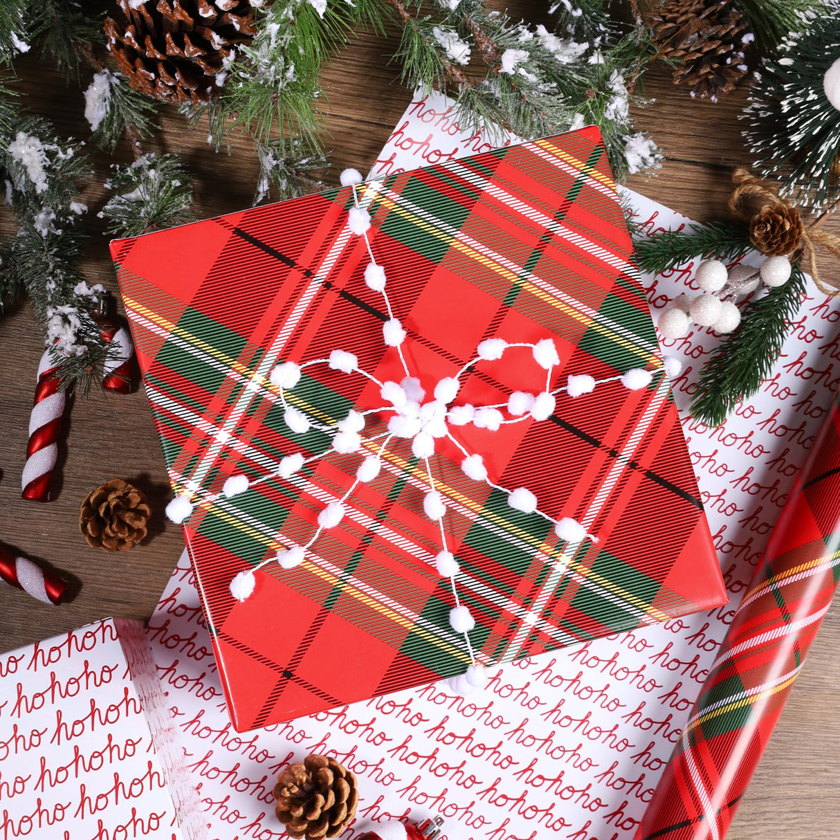 BIOBROWN Reversible Christmas Wrapping Paper - 17 Inch X 33 Feet (46.7 sq. ft. ttl.) - Red Tartan Plaid and HOHO Design Perfect for Xmas, Party, Holiday Gift Wrap BIOBROWN
