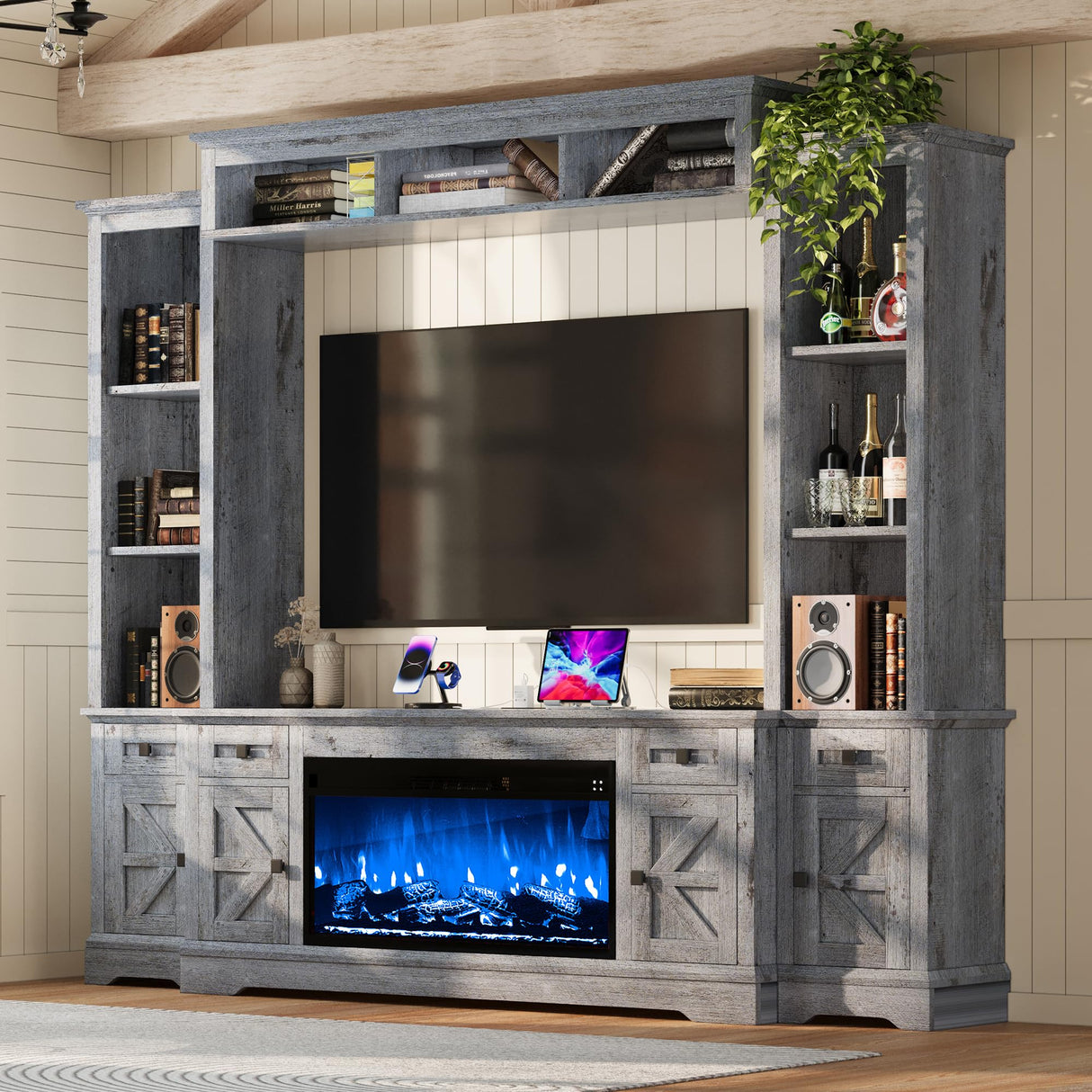 AMERLIFE 98in Farmhouse Entertainment Center with 36" Fireplace, TV Stand, Bookshelves, Wine Cabinet, Fits 75" TVs, Large Wall Unit Media Console with Power Outlets & Barn Doors, Living Room, Grey AMERLIFE