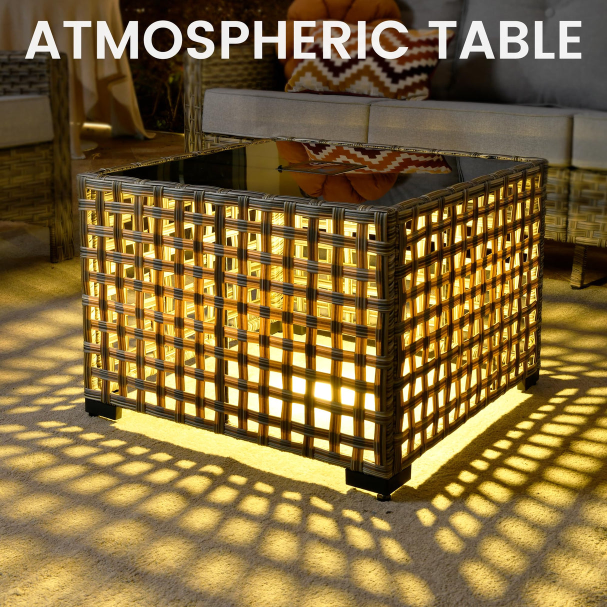 CAODOC 11 Pieces Outdoor Patio Furniture Set, Rattan Wicker Sectional Swivel Rocker Chairs Sets with Solar powered coffee table and Swivel Glider Chairs CAODOC