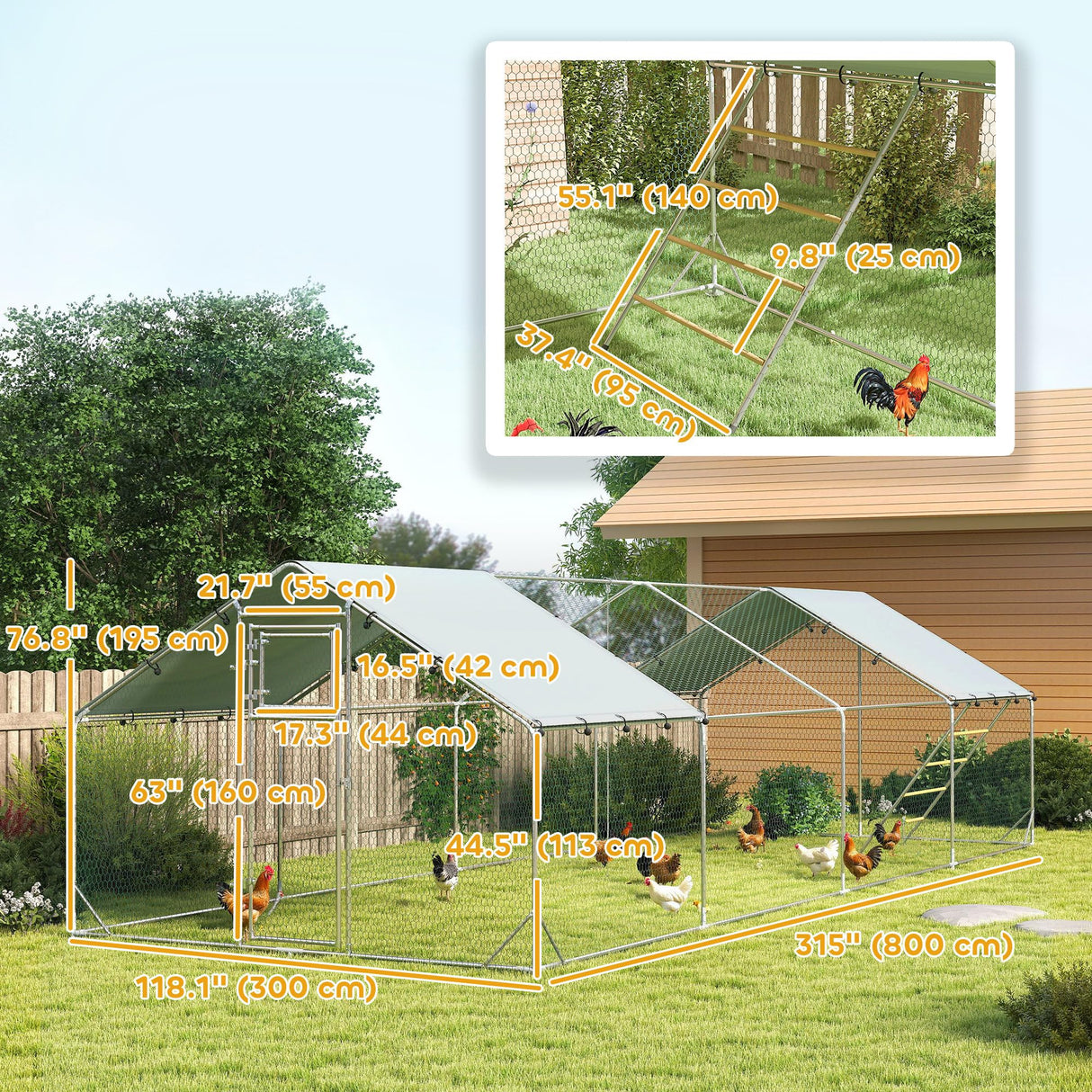 PawHut Chicken Run, Large Metal Chicken Coop w/Waterproof & Anti-UV Cover, Feeding Door, Hanging Feeder, Perch, Walk-in Poultry Cage for Outdoor, Yard, Farm, for 24-30 Chickens, 9.8' x 26.2' x 6.4' PawHut