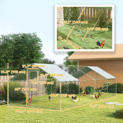 PawHut Chicken Run, Large Metal Chicken Coop w/Waterproof & Anti-UV Cover, Feeding Door, Hanging Feeder, Perch, Walk-in Poultry Cage for Outdoor, Yard, Farm, for 24-30 Chickens, 9.8' x 26.2' x 6.4'