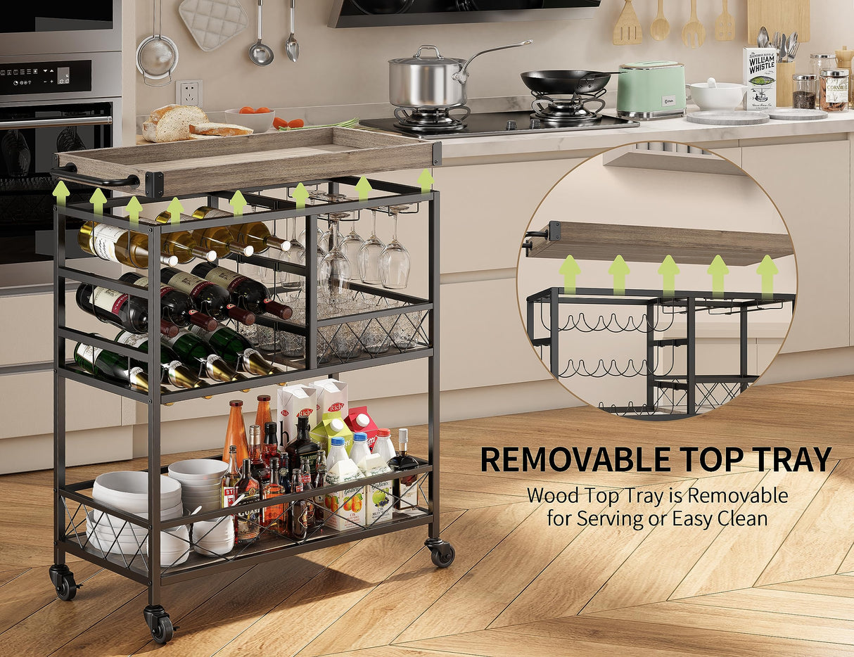 Gizoon 3 Tier 38" Home Bar Serving Cart with Large Storage Space, Mobile Kitchen Storage Trolley with Lockable Wheels, 12 Wine Rack, Glass Holder, Removable Tray (Gray) Gizoon