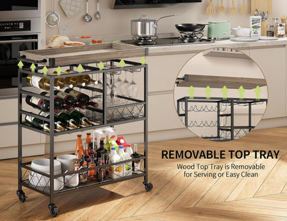 Gizoon 3 Tier 38" Home Bar Serving Cart with Large Storage Space, Mobile Kitchen Storage Trolley with Lockable Wheels, 12 Wine Rack, Glass Holder, Removable Tray (Gray) - WoodArtSupply