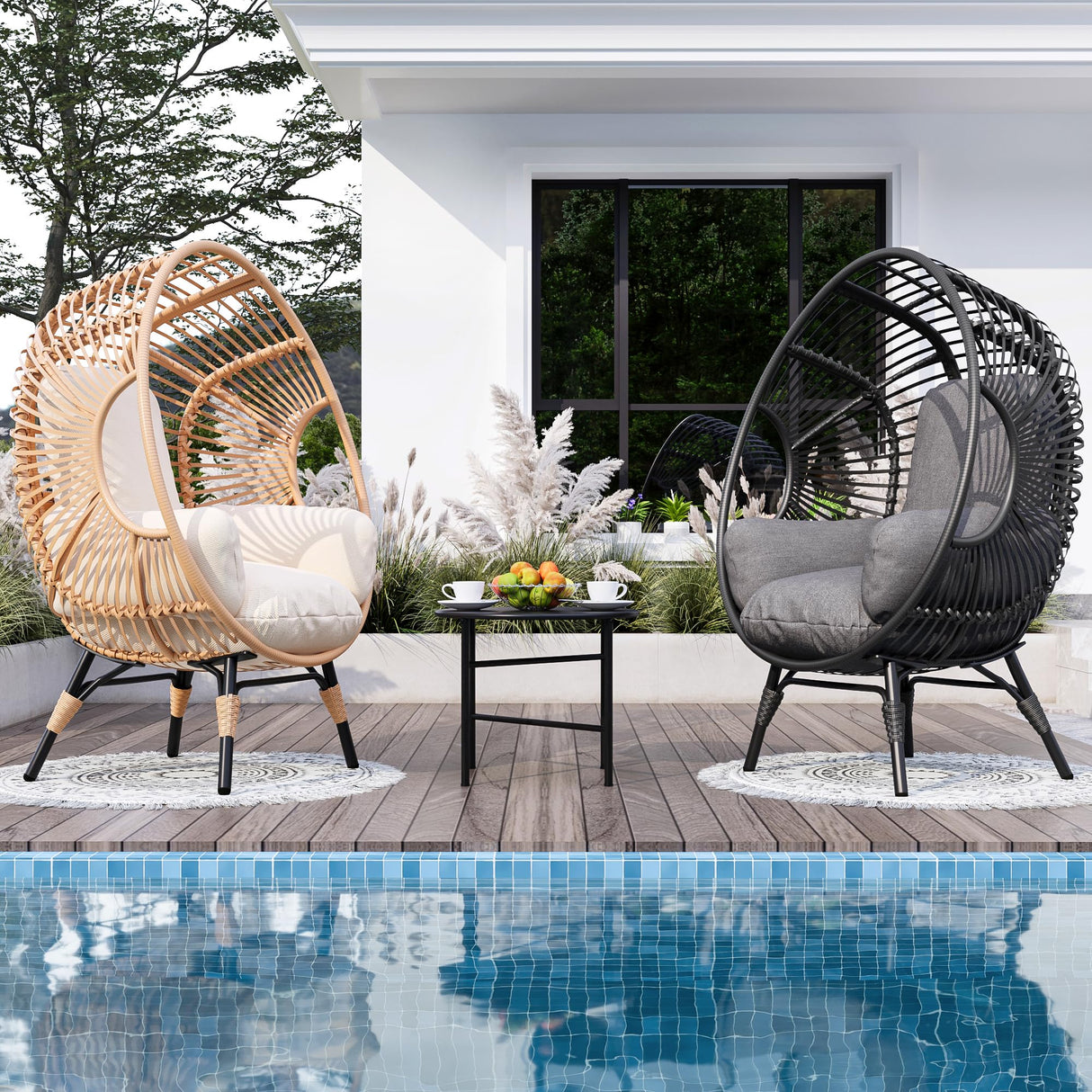 TQKVIPI 2 pcs Oversized Wicker Egg Chair Outdoor Indoor - Rattan Patio Egg Lounge Chairs with Cushion 500lbs Capacity for Living Room, Balcony, Backyard TQKVIPI