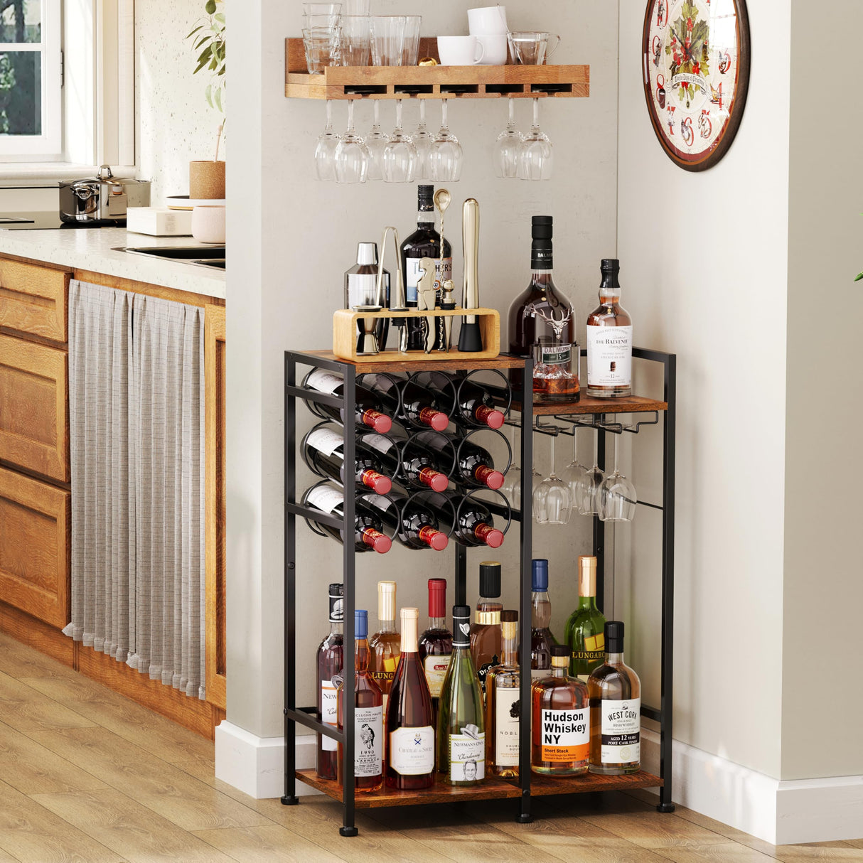 Freestanding Liquor Cabinet with 9-Bottle for Home Bar, Versatile Wine Rack Freestanding Floor with Glass Holder and Fences, Mini Bar Table Liquor Whiskey Display Large-Capacity Corner Wine Cabinet Bosimeca