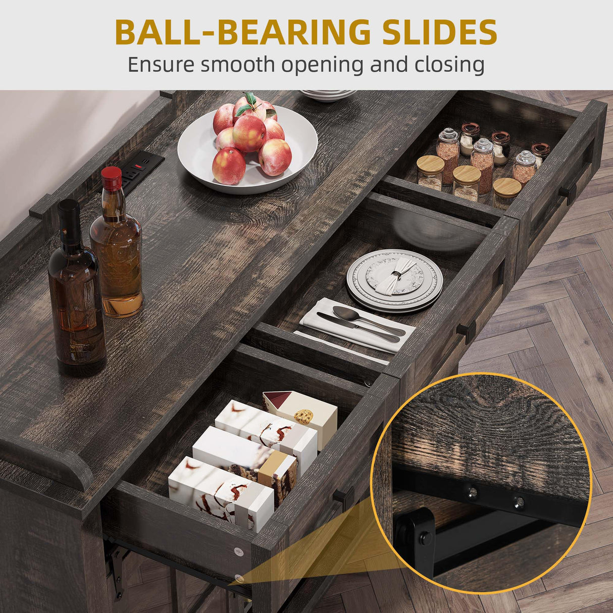 YITAHOME 53" Wine Bar Cabinet for Liquor and Glasses, Farmhouse Kitchen Sideboard Buffet Coffee Bar Cabinets with 3 Drawers and Glass Sliding Barn Door for Kitchen & Living Room, Dark Rustic Oak YITAHOME