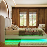 LIKIMIO Full Bed Frame with Headboard, Velvet Upholstered Platform Bed with LED Light, Solid Wood Slats Support, No Box Spring Needed, Cream LIKIMIO