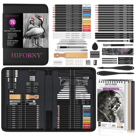 HIFORNY 76 PCS Drawing Set Sketching Kit,Sketch Pencils Art Supplies with Graphite,Charcoal,Blending Tools & Accessories,Portable Zippered Travel Case for Artists & Beginners HIFORNY