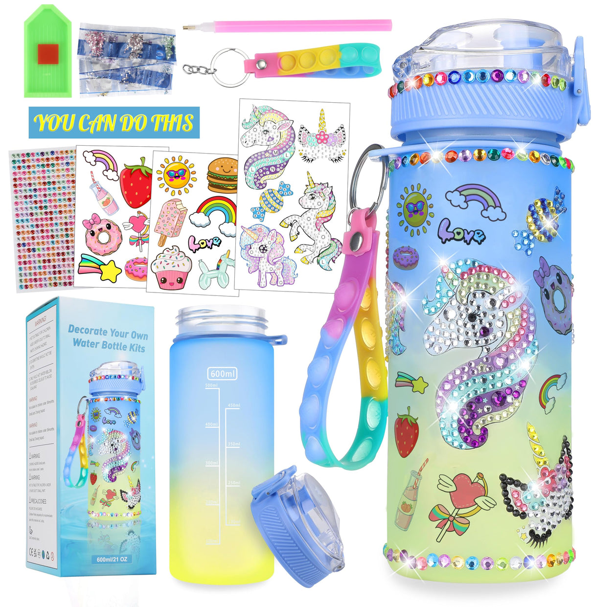 Decorate Your Own Water Bottle Kits for Girls Age 4-6-8-10 - Year Whimsy Unicorn Painting Crafts,Girls Diamond Art Water Bottle,Fun Diamond Sticker Arts and Crafts Gifts Toys for Girls Birthday 600ML YarnWhimsy