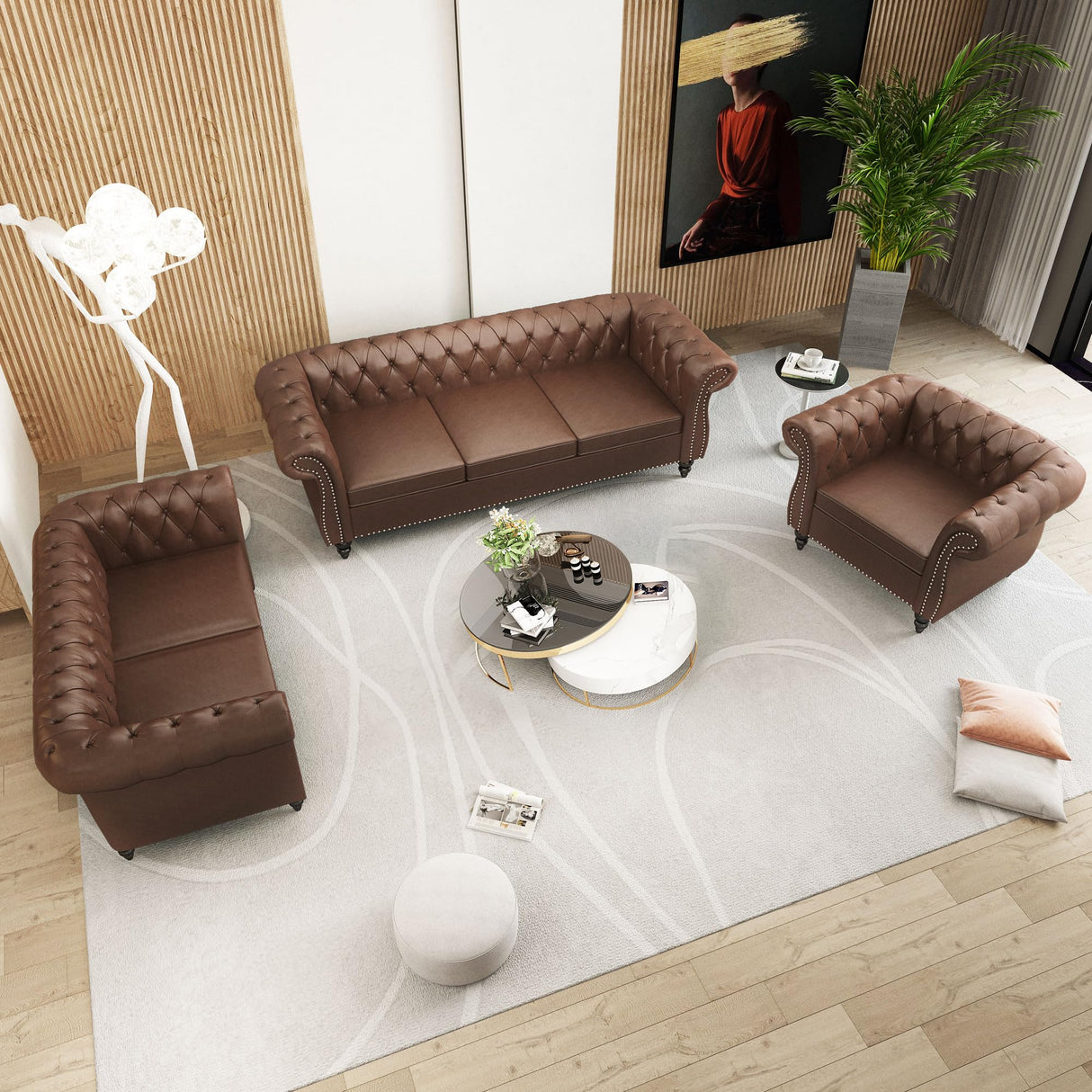 QHITTY 3 Piece Living Room Set, Sectional Chesterfield Sofa Chair Contemporary Upholstered Leather Loveseat Couch Sets for Living Room, Bedroom, Office QHITTY