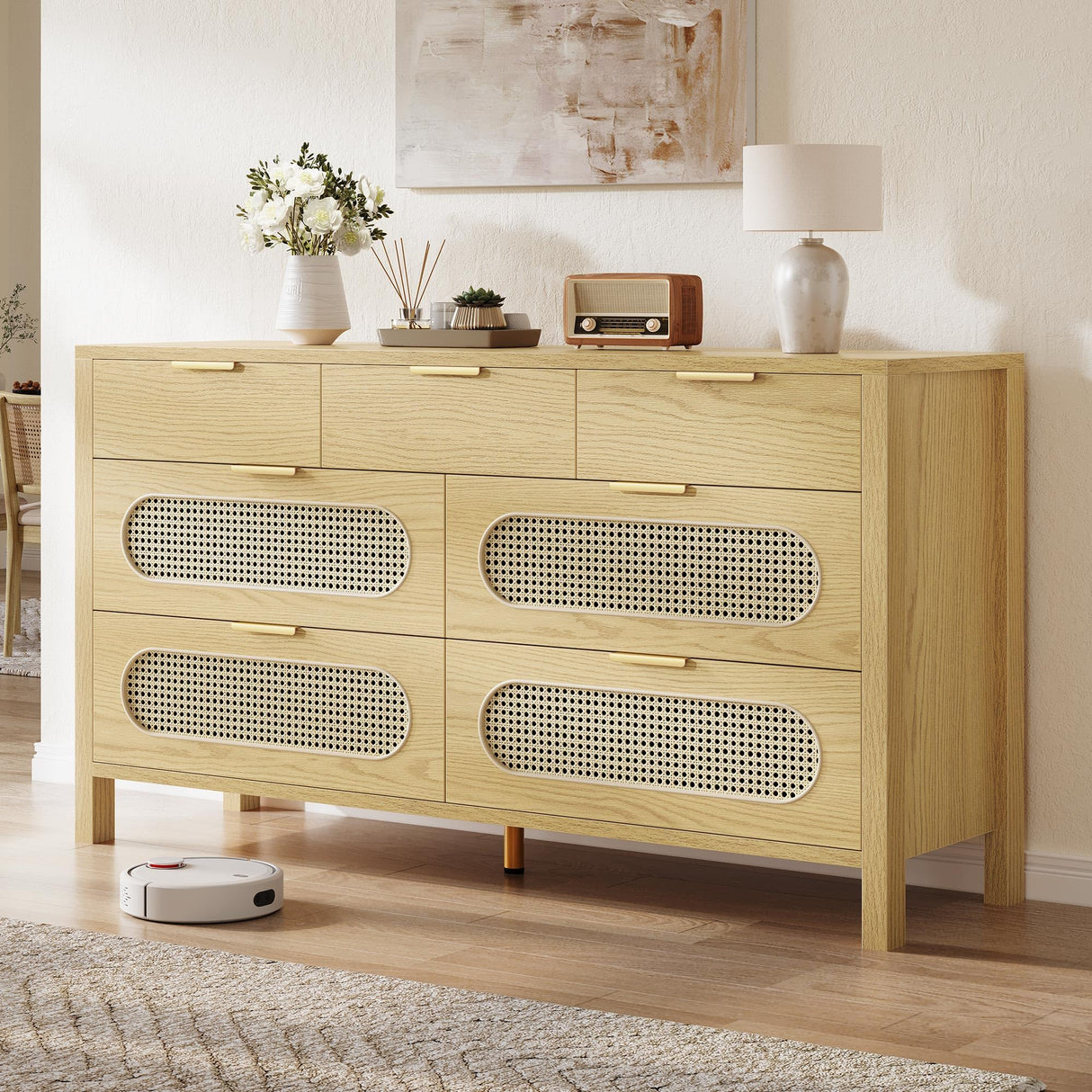 DWVO Natural Rattan 7 Drawer Dressers - Oak Wooden Dresser Chest of Drawers with Golden Handles - Modern Large Closet Boho Dressers Storage Cabinet for Living Room/Hallway/Entryway DWVO