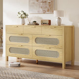 DWVO Natural Rattan 7 Drawer Dressers - Oak Wooden Dresser Chest of Drawers with Golden Handles - Modern Large Closet Boho Dressers Storage Cabinet for Living Room/Hallway/Entryway DWVO