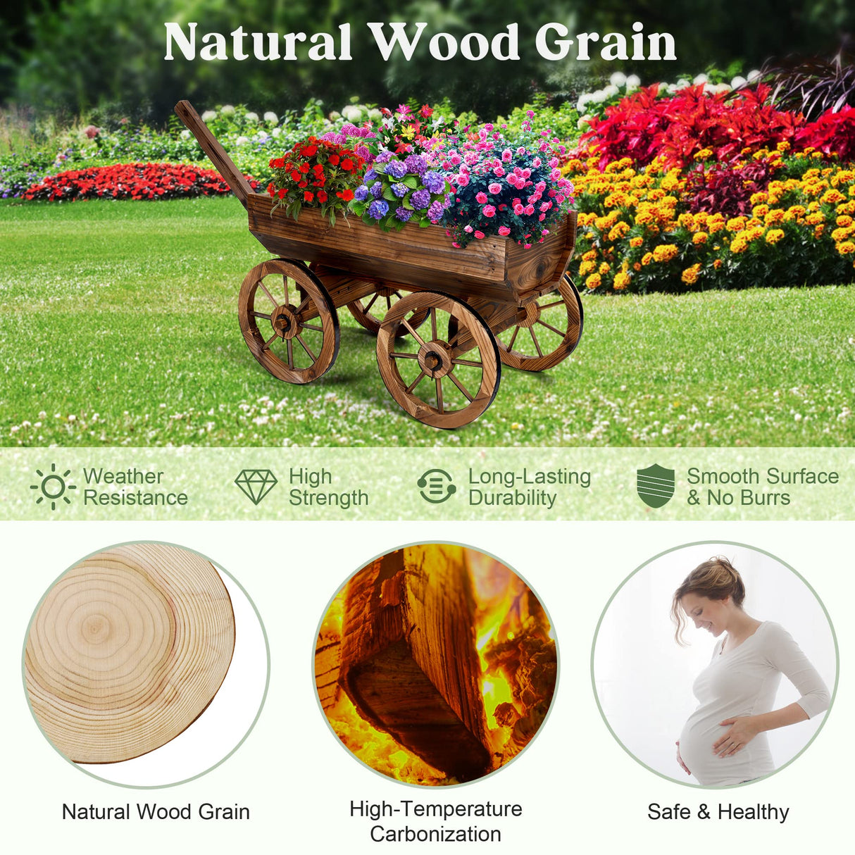 OIPRTGFJ Wood Wagon Planter for Outdoor Balcony Decor - Garden Rustic Wooden Flower Cart with Wheels for Outside Garden Decor Wheelbarrow Planter for Patio OIPRTGFJ