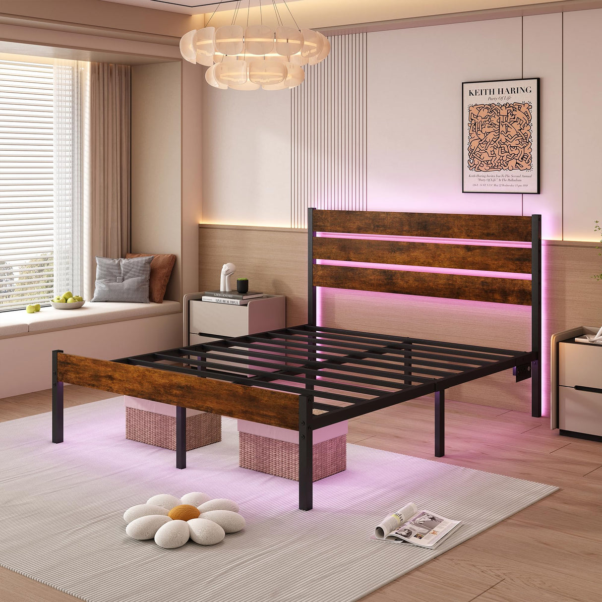 Chuangshuo Guard Full Size Bed Frame with Headboard,Heavy Duty LED Bed Frame with USB Charging Station,Mattress Foundation-Under Bed Storage, No Box Spring Needed, Noise Free,Brown Chuangshuo Guard