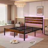 Chuangshuo Guard Full Size Bed Frame with Headboard,Heavy Duty LED Bed Frame with USB Charging Station,Mattress Foundation-Under Bed Storage, No Box Spring Needed, Noise Free,Brown Chuangshuo Guard