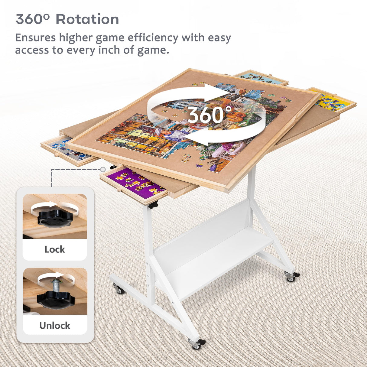 Tektalk Rotating Jigsaw Puzzle Table with Angle & Height Adjustment, Wooden Puzzle Board with Cover & 4 Colored Drawers, Tilting Puzzle Easel with Legs & 4 Roller Wheels, for Up to 1500 Pieces Tektalk