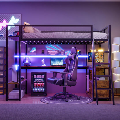 Twin Loft Bed with Charging Station and RGB LED Light, Twin Size Loft Bed with Desk and Storage Shelf, Twin Loft Bed with Door and Full Length Guardrails(Twin Black)