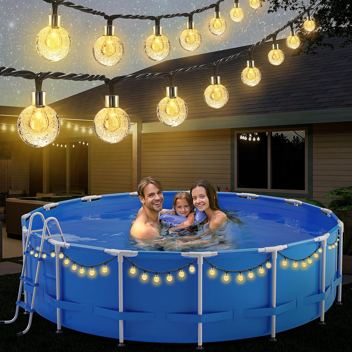 Hahood 88 Ft Solar Pool String Lights for Above Ground Pools 100 LEDs Outdoor Waterproof Pool Trampoline Globe Lights for Frame Pool Decor 8 Lighting Modes Pool Accessories for 18 Ft Swimming Pools Hahood