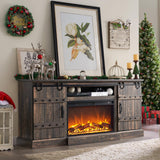 OKD Fireplace TV Stand for 75 80 Inch TV, Farmhouse Entertainment Center with Sliding Barn Doors, Rustic Media Console Table with Storage Cabinets for Living Room, Dark Rustic Oak OKD