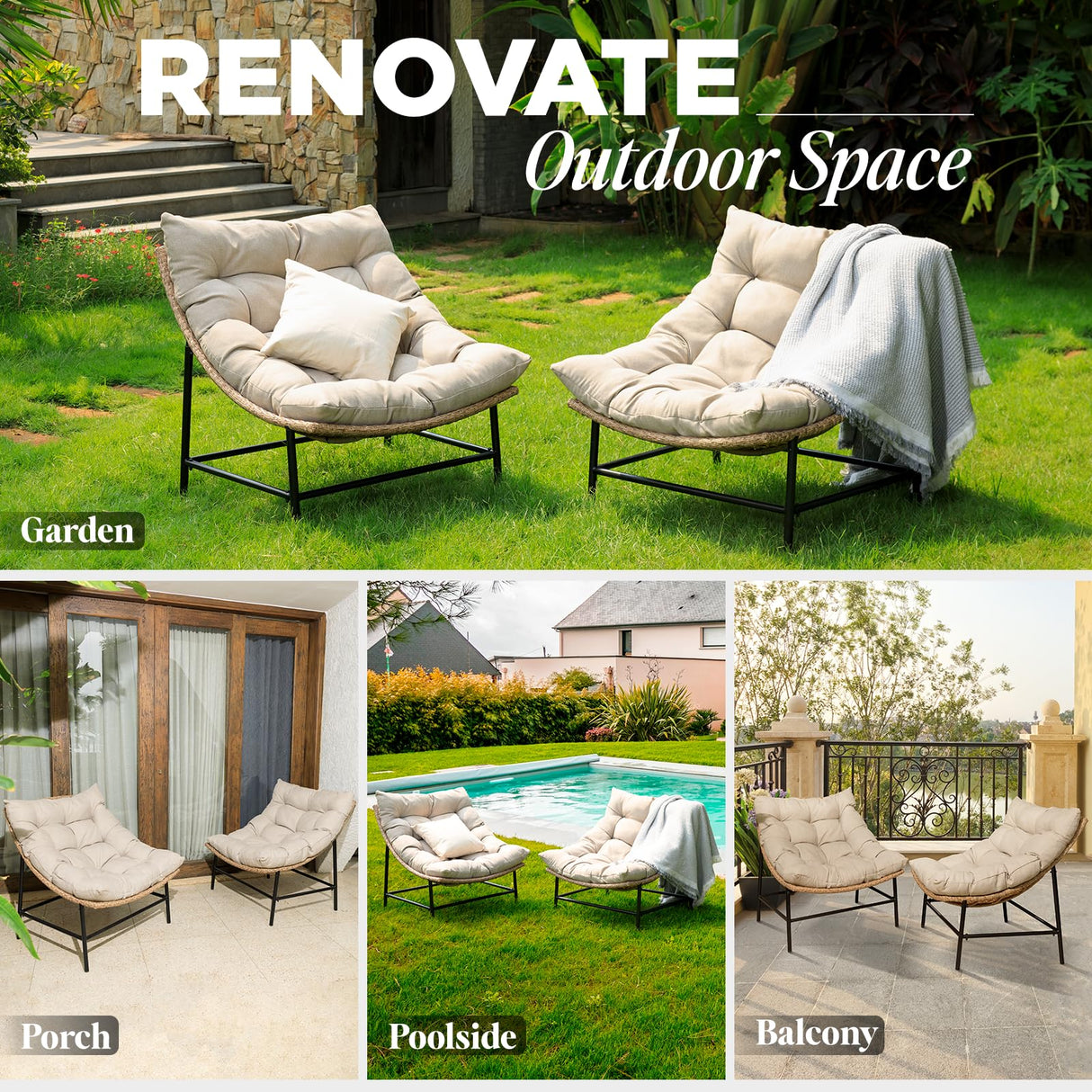 Idzo Caline Large Rattan Outdoor Papasan Chair Set of 2, Olefin Thick Cushion, Upgraded 2000Hrs UV Resistant Wicker, 500lbs Capacity Patio Scoop Design IDZO