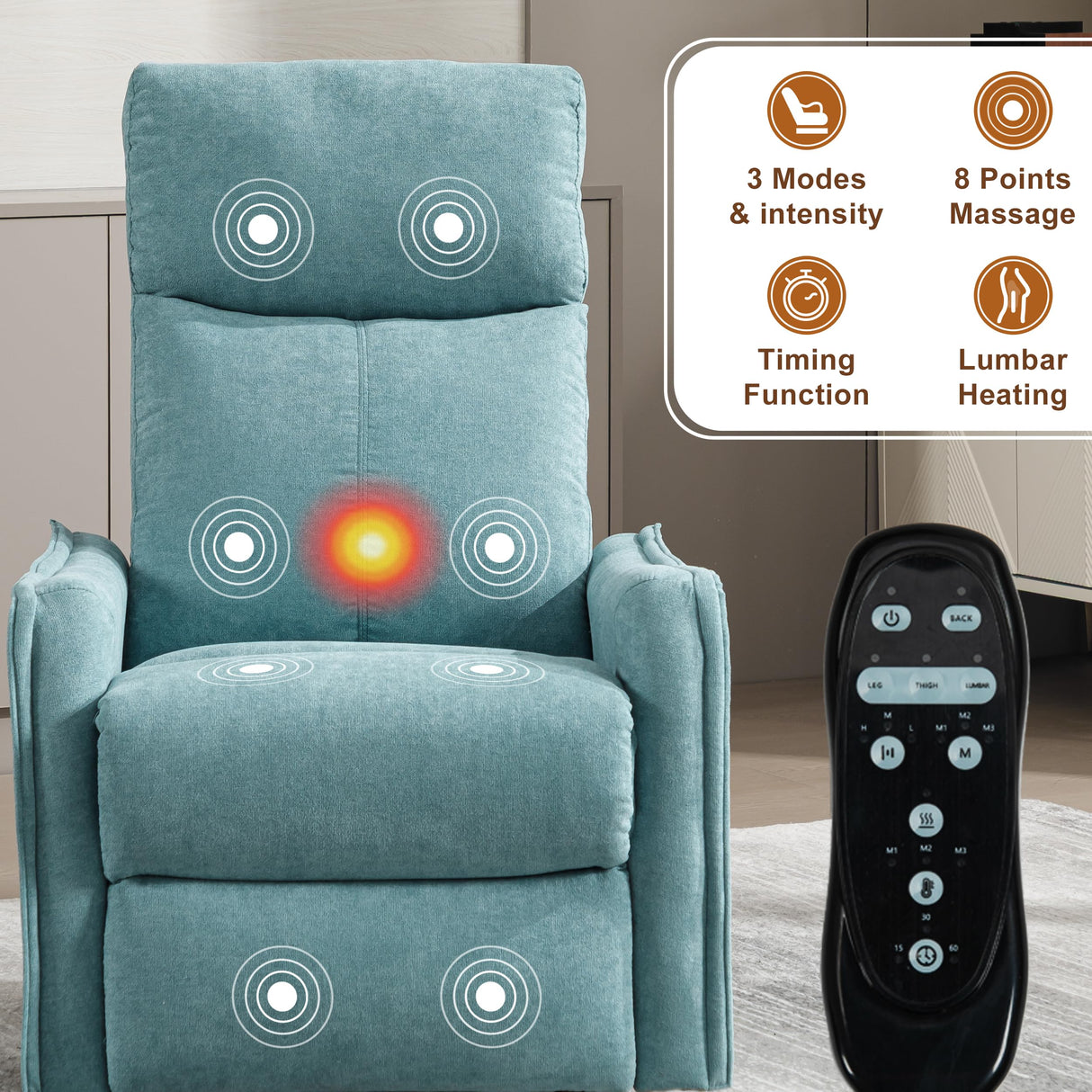 Massage Rocker Swivel Recliner Chair for Adults, Manual Recliner Glider with Lumbar Heating, Technical Flannel Fabric Nursery Glider Rocking Chair with Vibration Massage for Living Room - Green Blue EZZUP