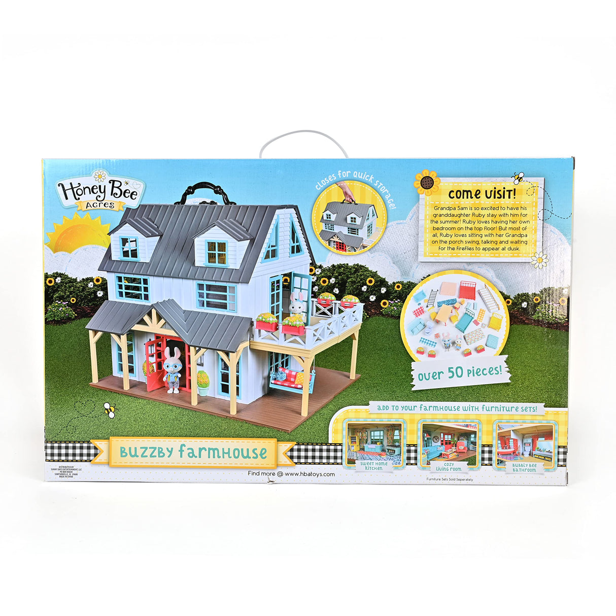 Sunny Days Entertainment Honey Bee Acres Buzzby Farmhouse – 49 Furniture Accessories with 2 Exclusive Figures | 15 Inch Dollhouse Playset | Pretend Play Toys for Kids Sunny Days Entertainment