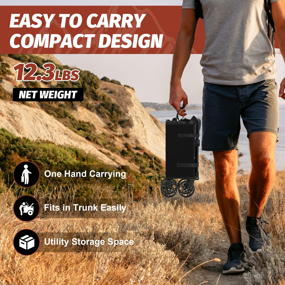 Eusuncaly Collapsible Wagon Cart with Wheels Foldable Wagon Folding Outdoor Utility Wagon Grocery Wagon for Camping Shopping Sports Gardeing Fishing (Black) Eusuncaly