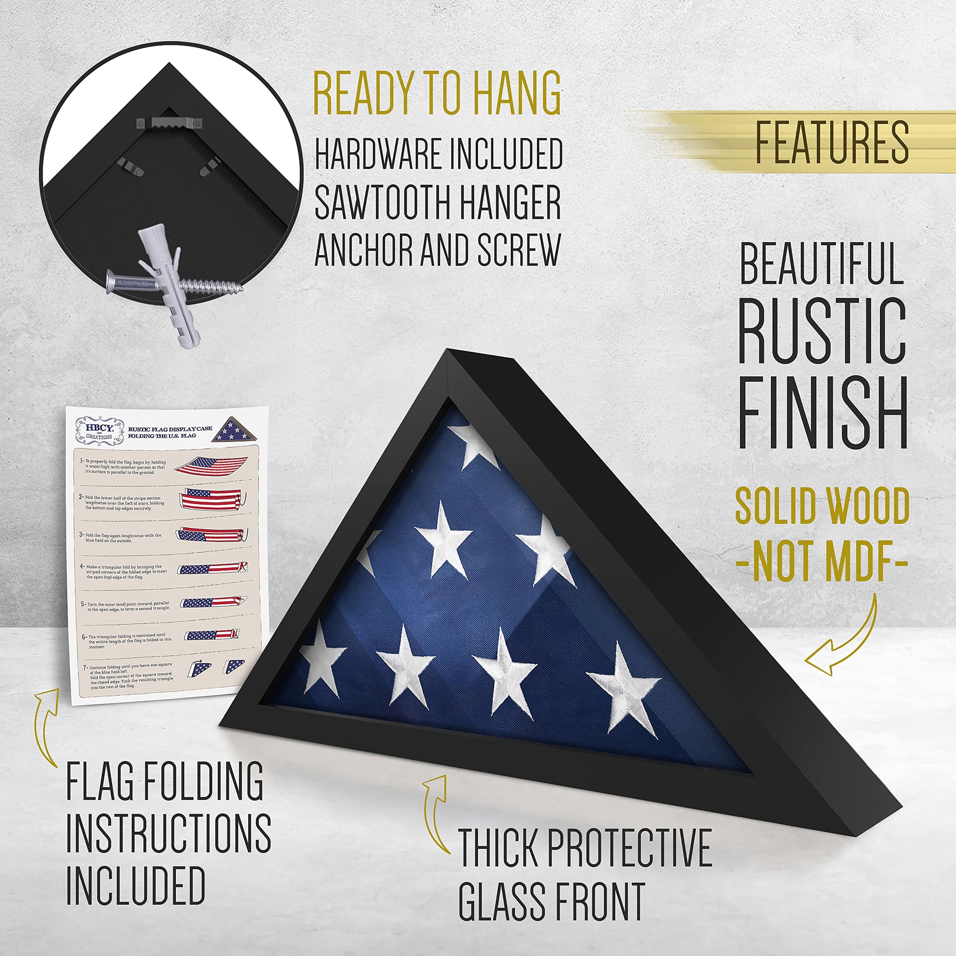 HBCY Creations Flag Display Case for 5' x 9.5' American Veteran Burial Flag Solid Wood Black Frame with Glass Front with Wall Mount or Standing - WoodArtSupply