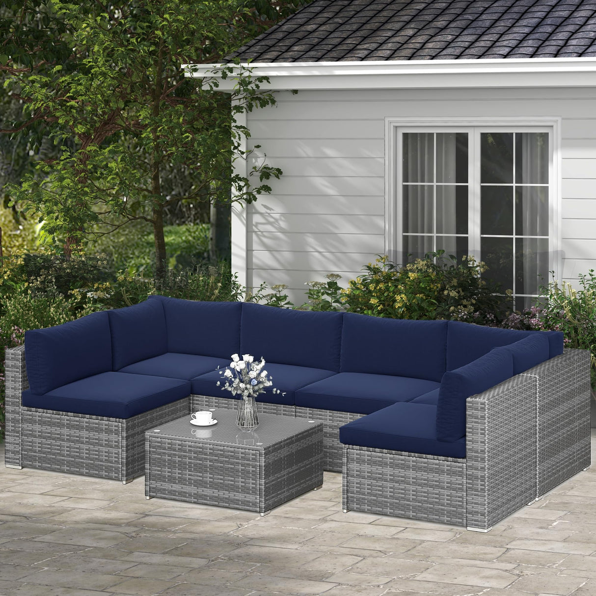SUNVIVI OUTDOOR 7 Piece Patio Furniture Sets All Weather Grey PE Wicker Couch Sofa with Glass Table, Removable Navy Blue Cushions SUNVIVI OUTDOOR