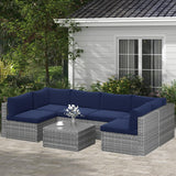 SUNVIVI OUTDOOR 7 Piece Patio Furniture Sets All Weather Grey PE Wicker Couch Sofa with Glass Table, Removable Navy Blue Cushions SUNVIVI OUTDOOR
