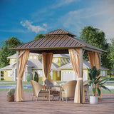 GAZEBEST 10x10 ft Hardtop Gazebo Outdoor Aluminum Patio Gazebo Double Roof Galvanized Steel Canopy with Netting and Curtains for Garden, Backyard,Deck and Lawns GAZEBEST