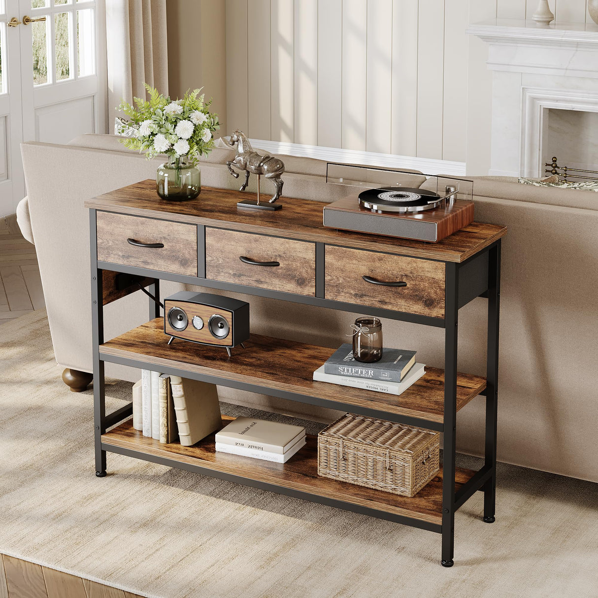 Lulive Entryway Table with Power Outlets, Console Table with 3 Fabric Drawers, Sofa Table for Living Room, Hallway, Couch, Foyer, Height Adjustable (Rustic Brown, 43") Lulive