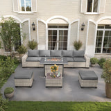 Muphyers 9-Piece Outdoor Patio Furniture Set with 55,000 BTU Fire Pit Table, PE Wicker Rattan Sectional Sofa Patio Conversation Set with Ottomans & Coffee Table, Grey Muphyers