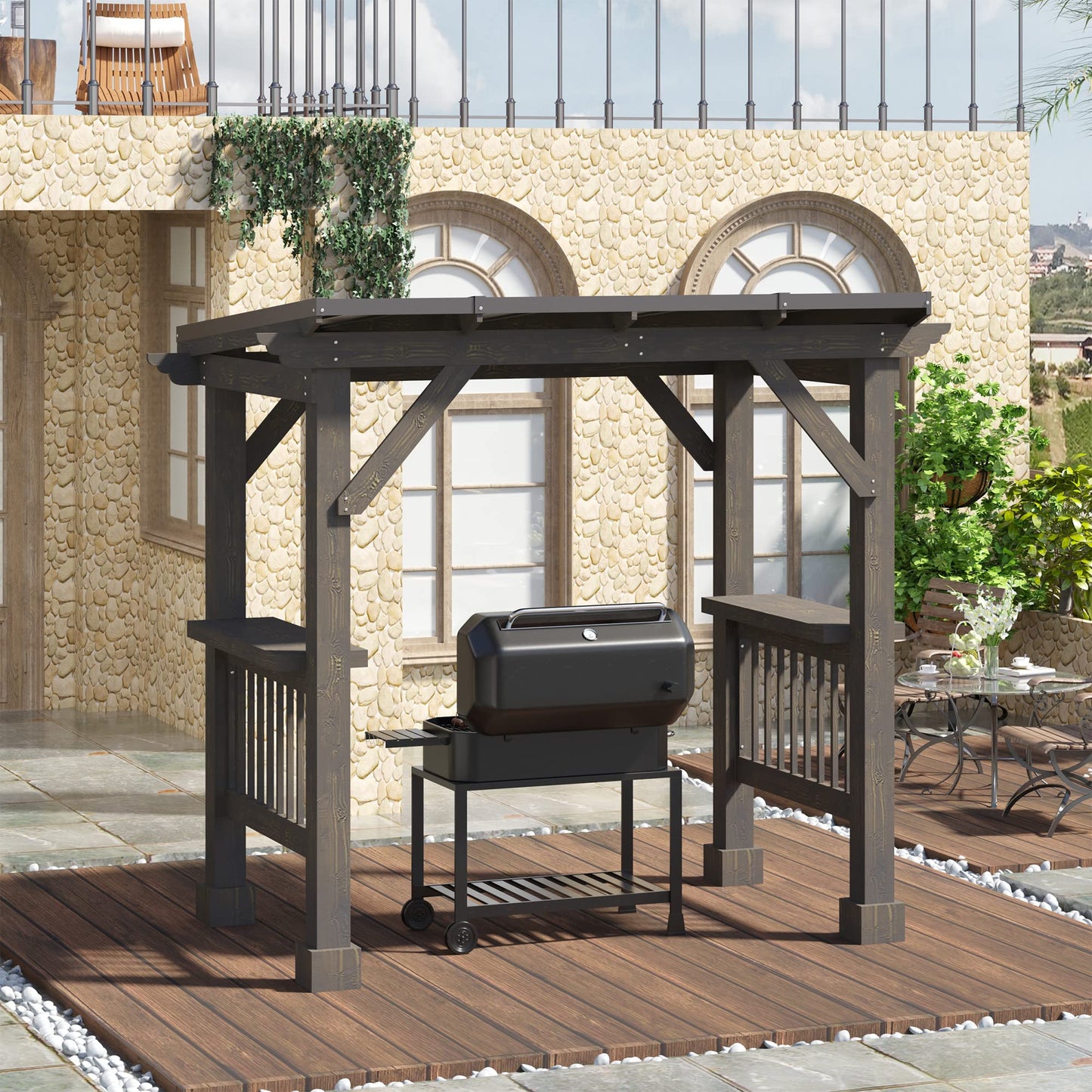 Outsunny 8' x 5' BBQ Grill Gazebo with 2 Side Shelves, Outdoor Hardtop Barbecue Barrier with Slanted Steel roof, Solid Wood Frame - WoodArtSupply